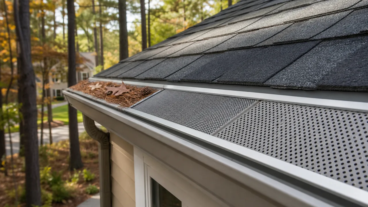 Gutter guard system with pine needles and leaves on a North Carolina roofline