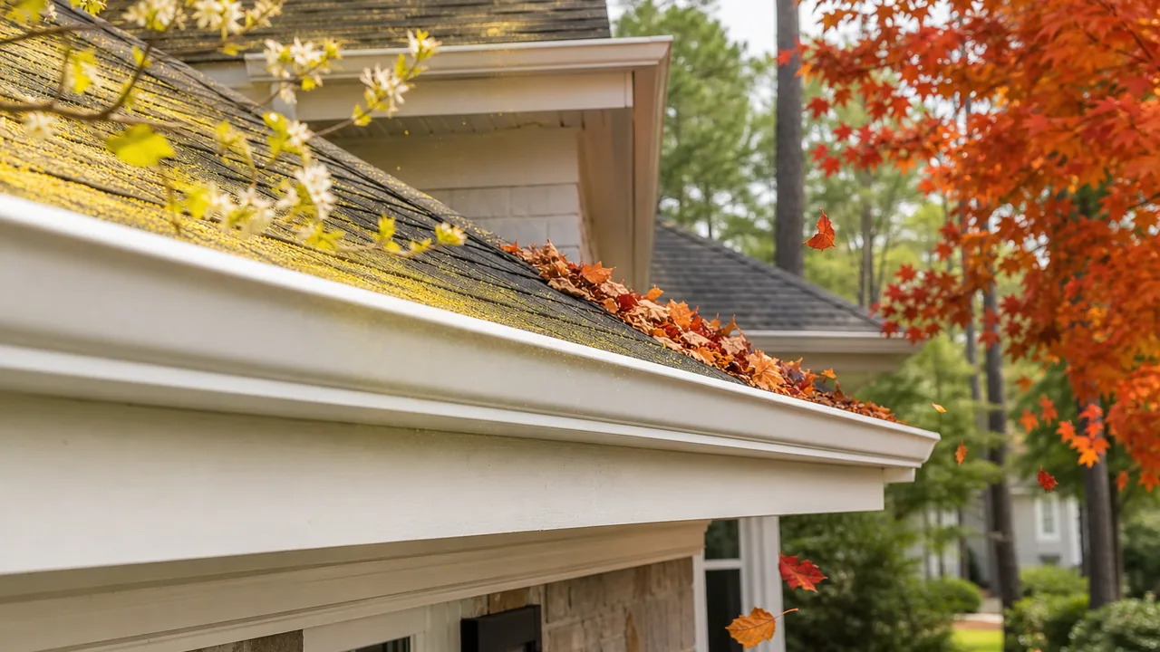 Seasonal gutter cleaning scene with spring pollen and fall leaves near a Cary NC roofline