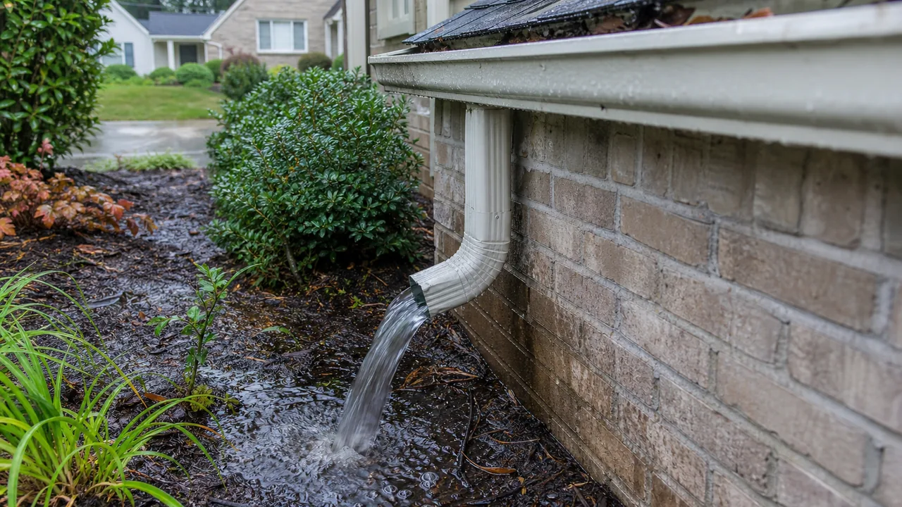 Gutter overflow sending water into soil near a home foundation