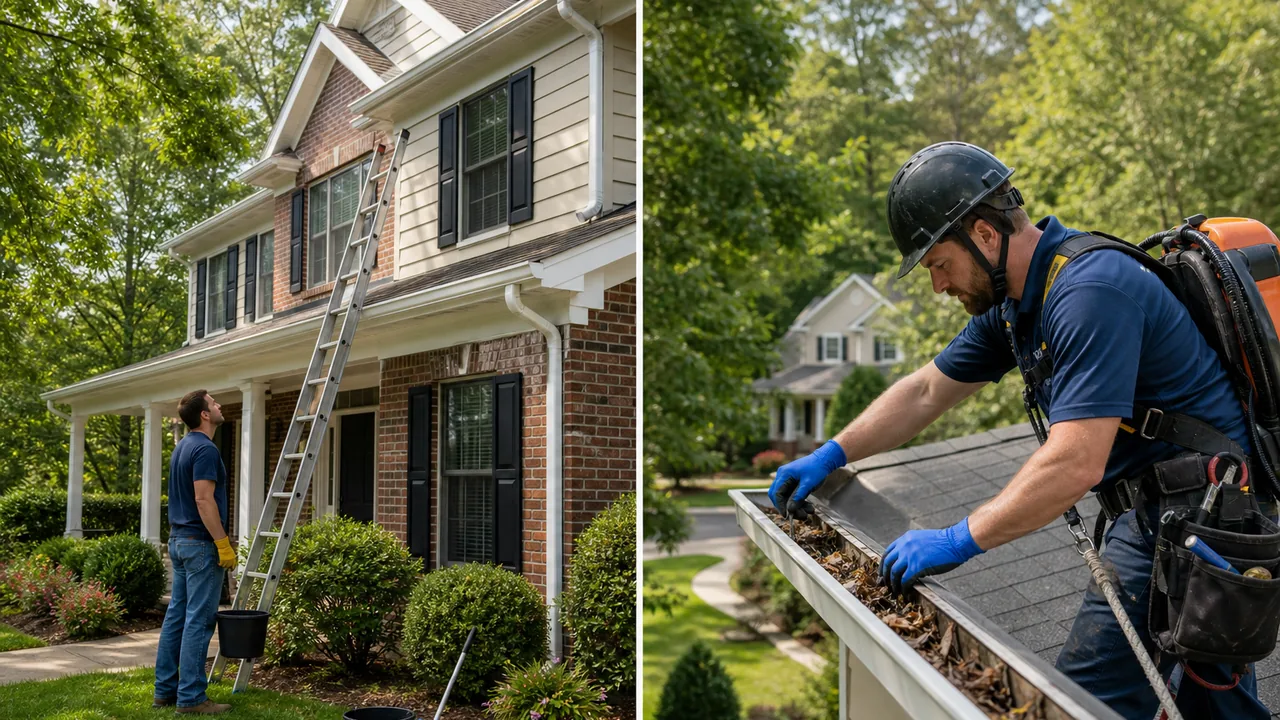 Professional gutter cleaning setup compared with a homeowner ladder near a Cary NC home