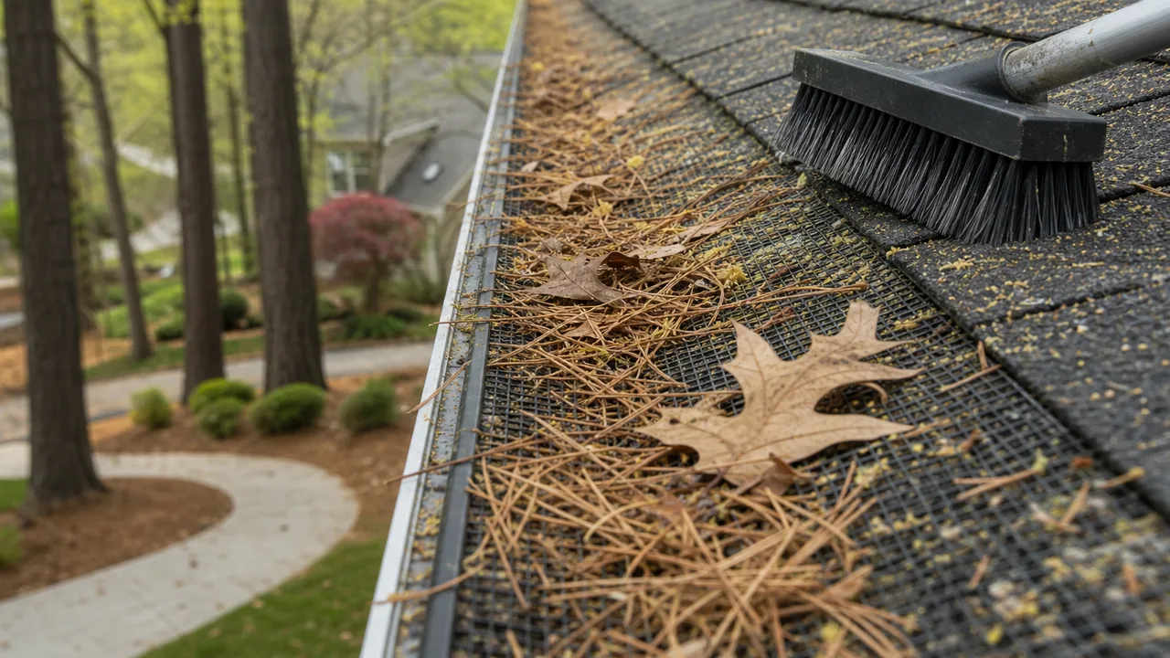 Gutter guards covered with pine needles and roof grit before cleaning