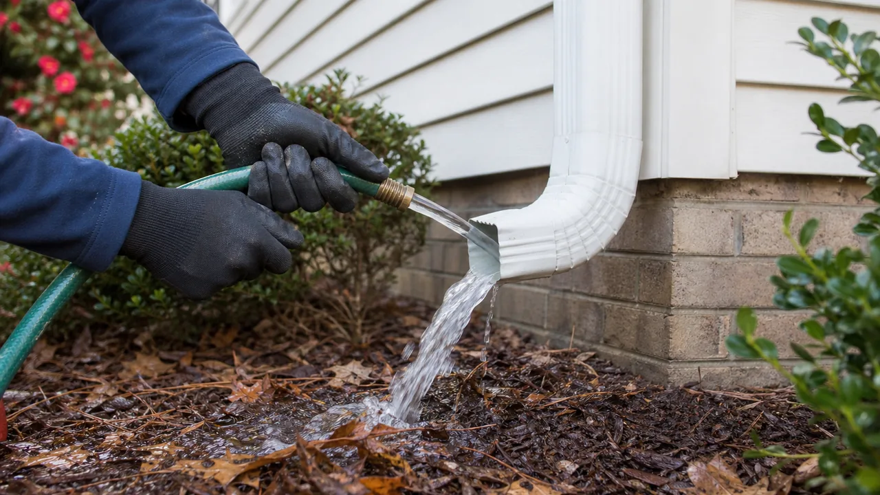 Technician flushing a clogged downspout elbow beside a Cary NC home