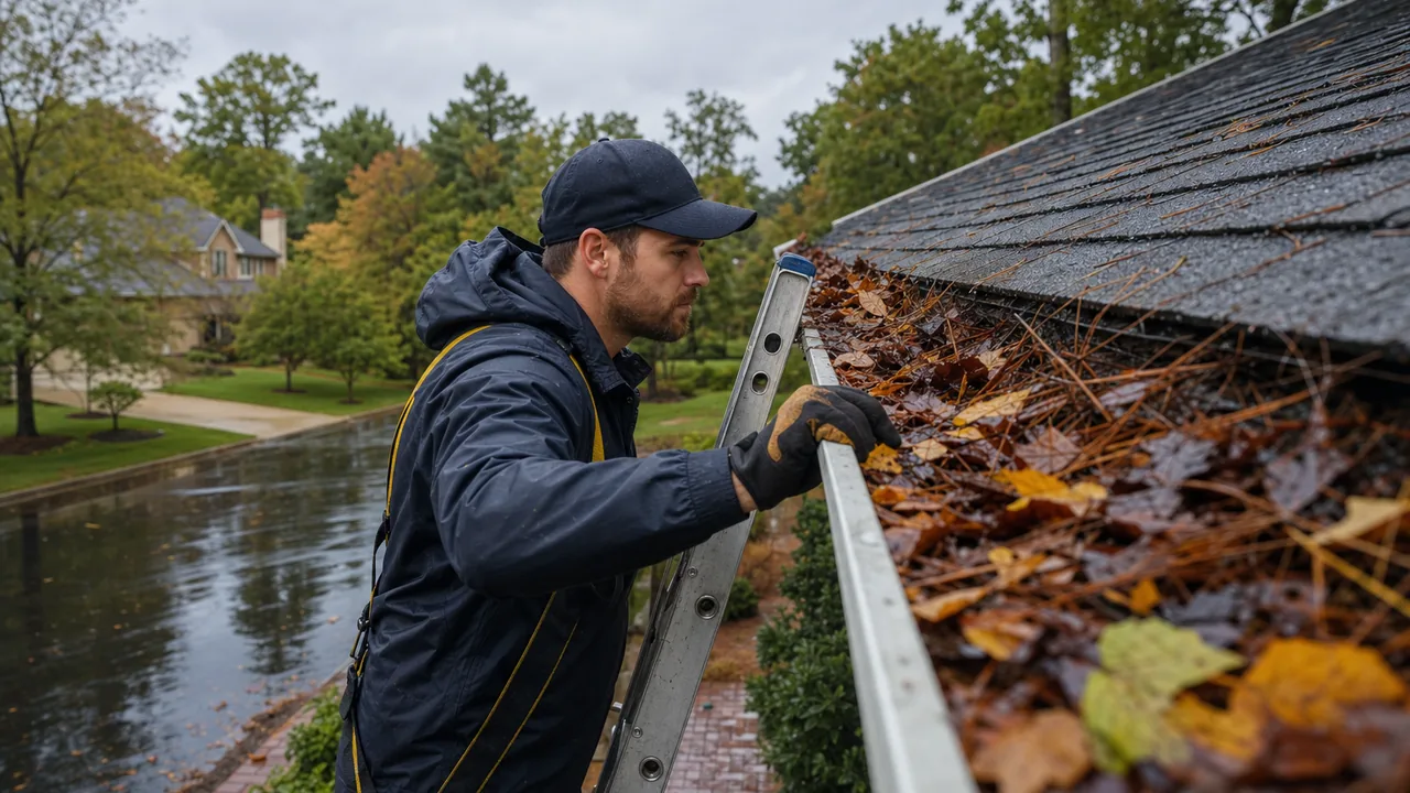 Storm debris clogging a gutter after heavy rain on a Cary NC home