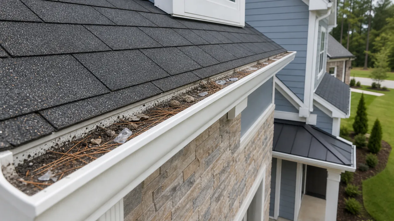 New construction home gutter with roof grit and light debris