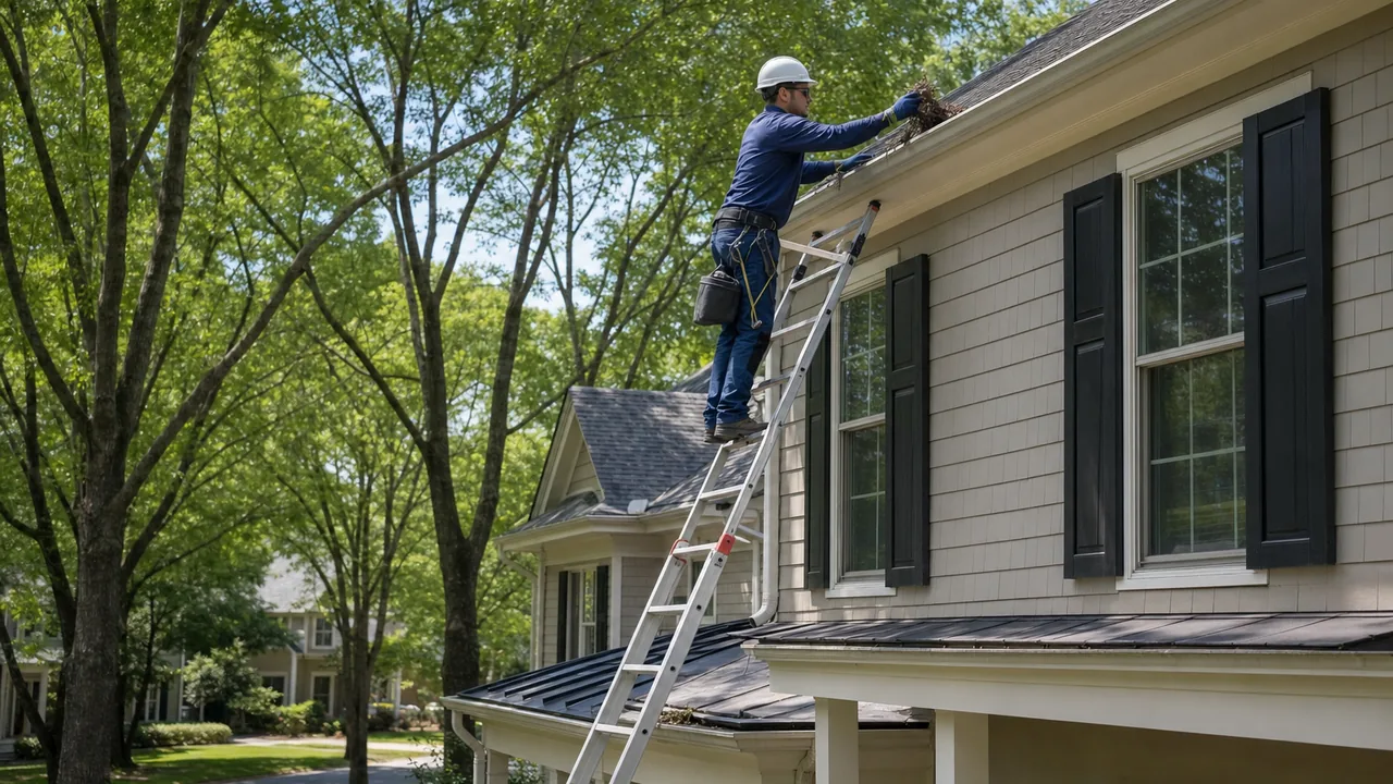 Technician safely cleaning second story gutters on a Cary NC home
