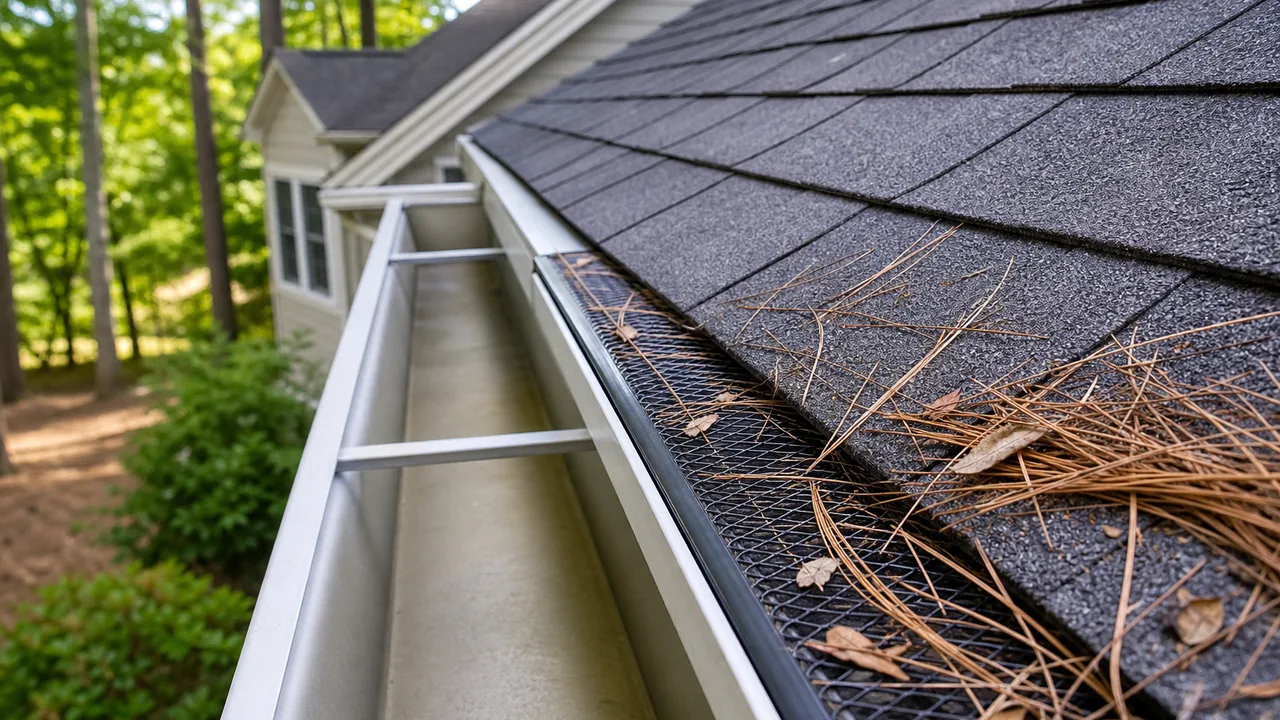 Open gutter and gutter guard sections comparing cleaning and guard maintenance