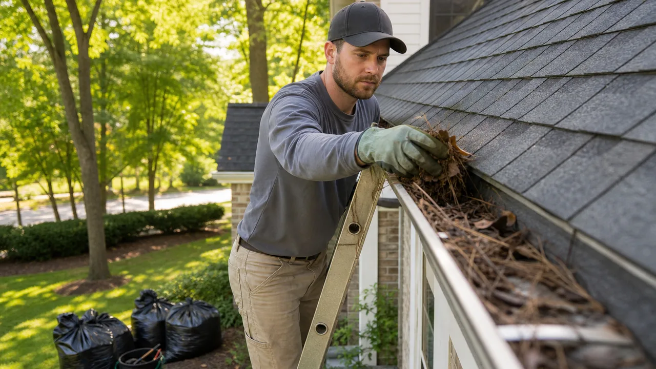 Technician removing gutter debris with cleanup bags nearby