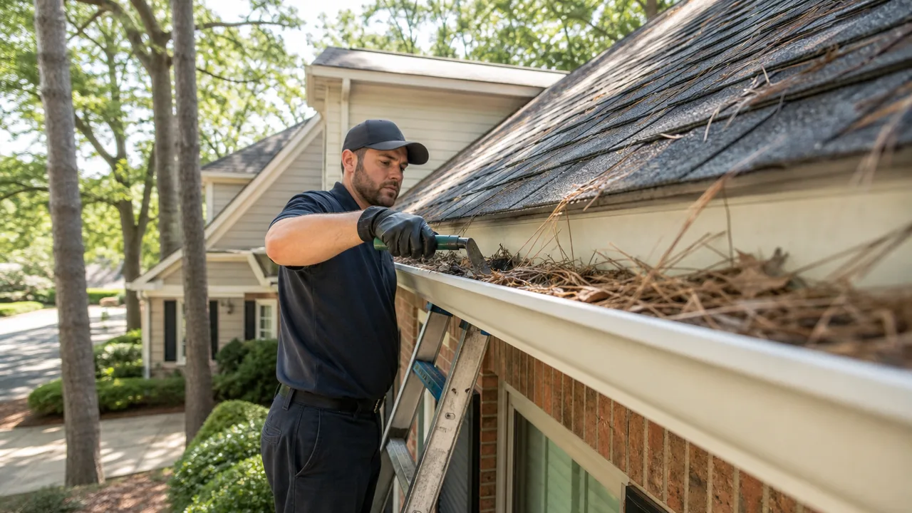 Technician cleaning leaves and pine needles from gutters on a Cary NC home
