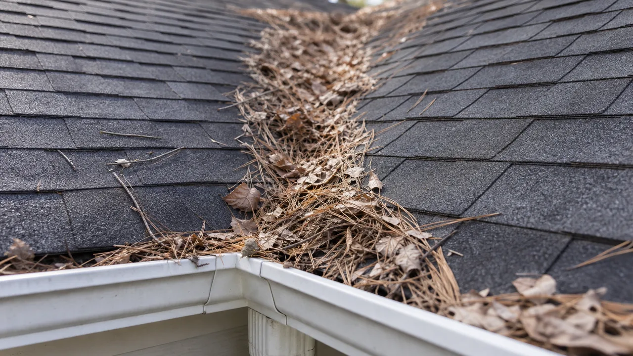 Leaves and pine needles gathered in a roof valley above a gutter