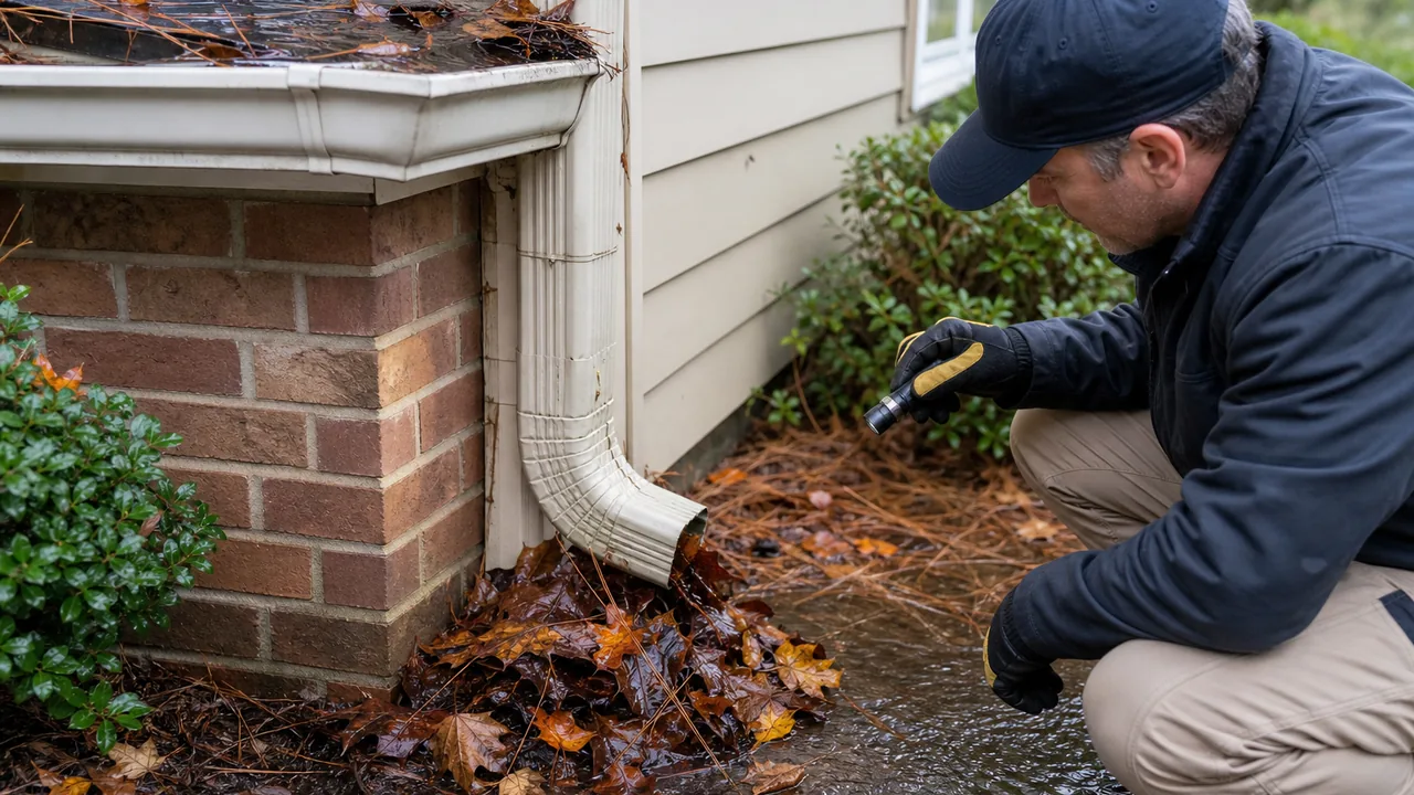 Blocked downspout outlet with leaves and pine needles causing gutter backup
