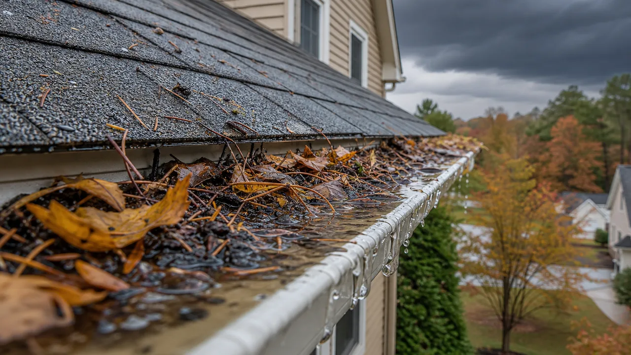 Clogged gutter filled with leaves and pine needles before a storm