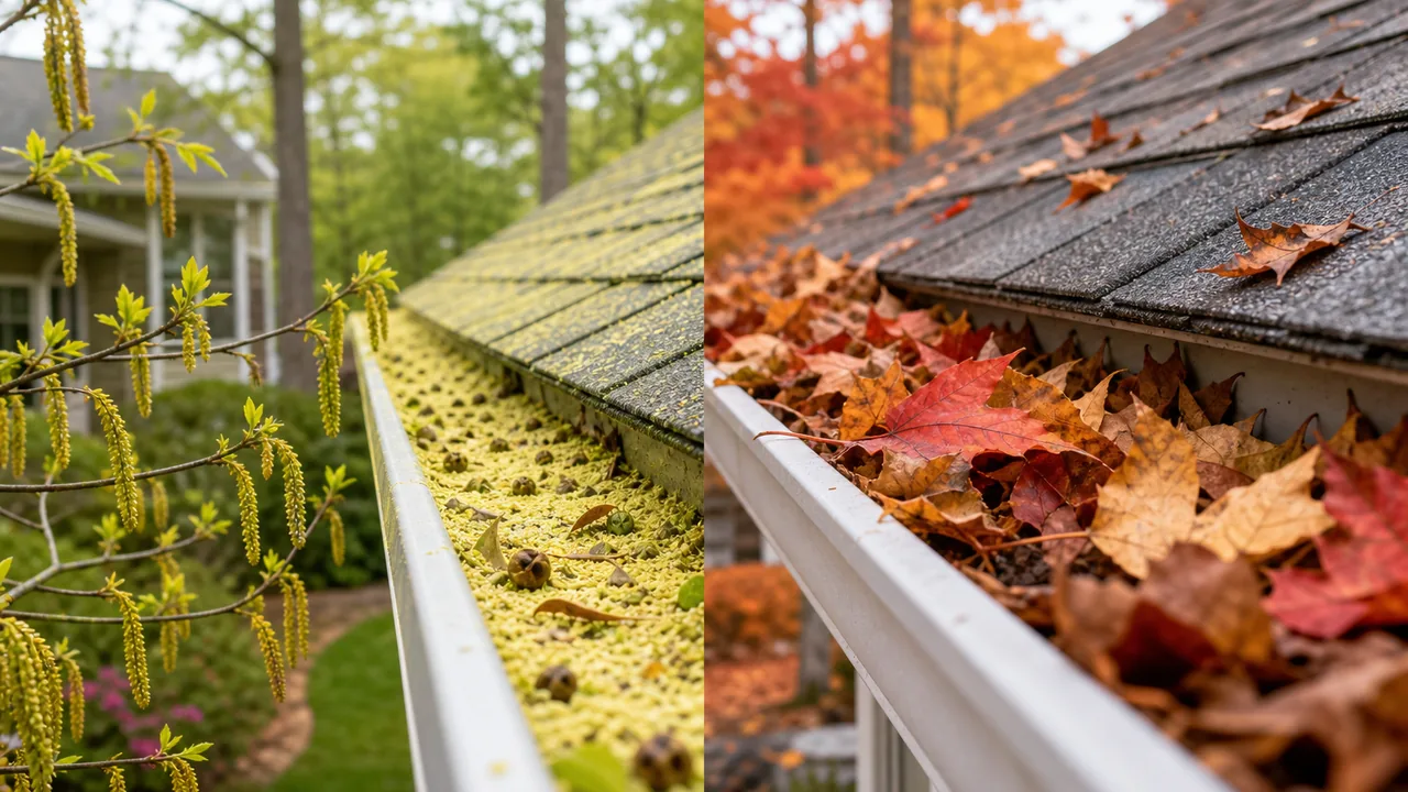 Spring pollen and autumn leaves around a residential gutter