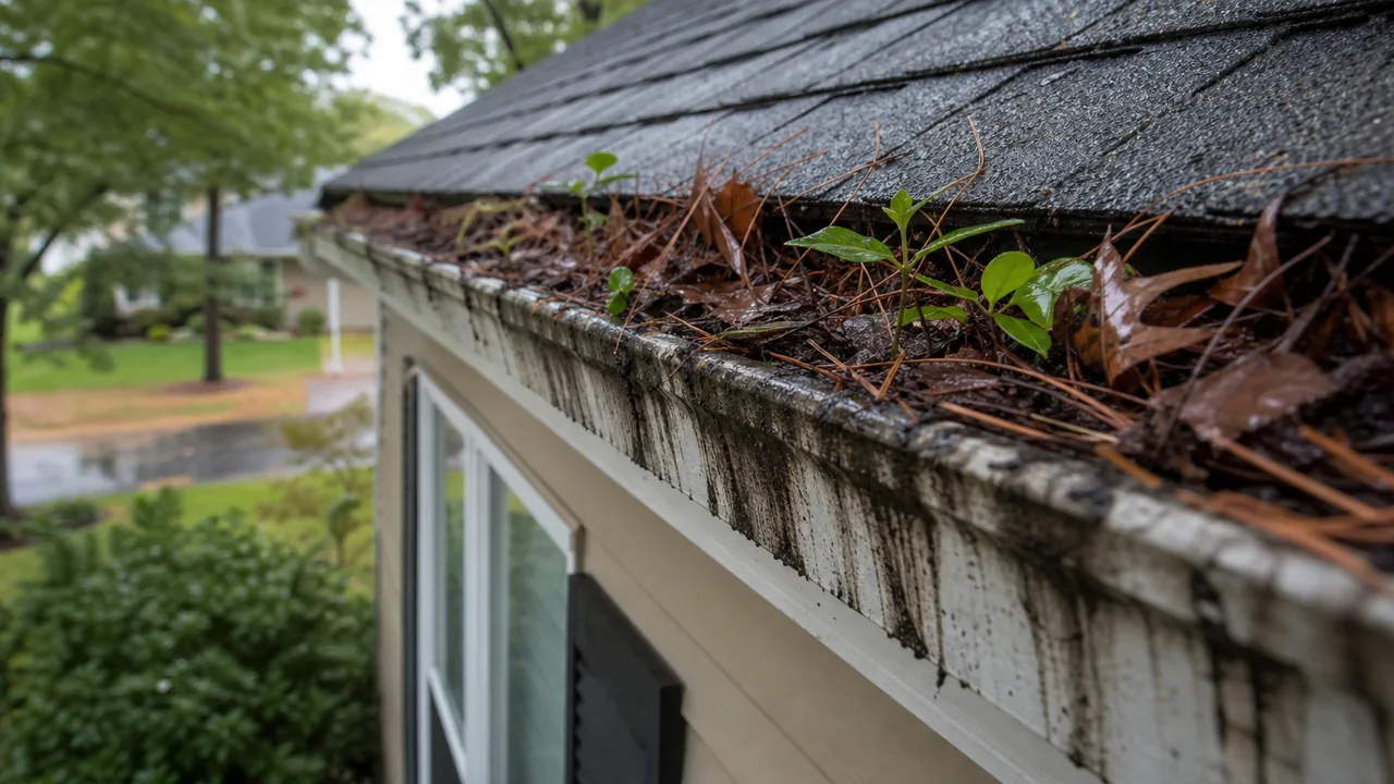 Neglected gutter packed with wet leaves, pine needles, and plant growth
