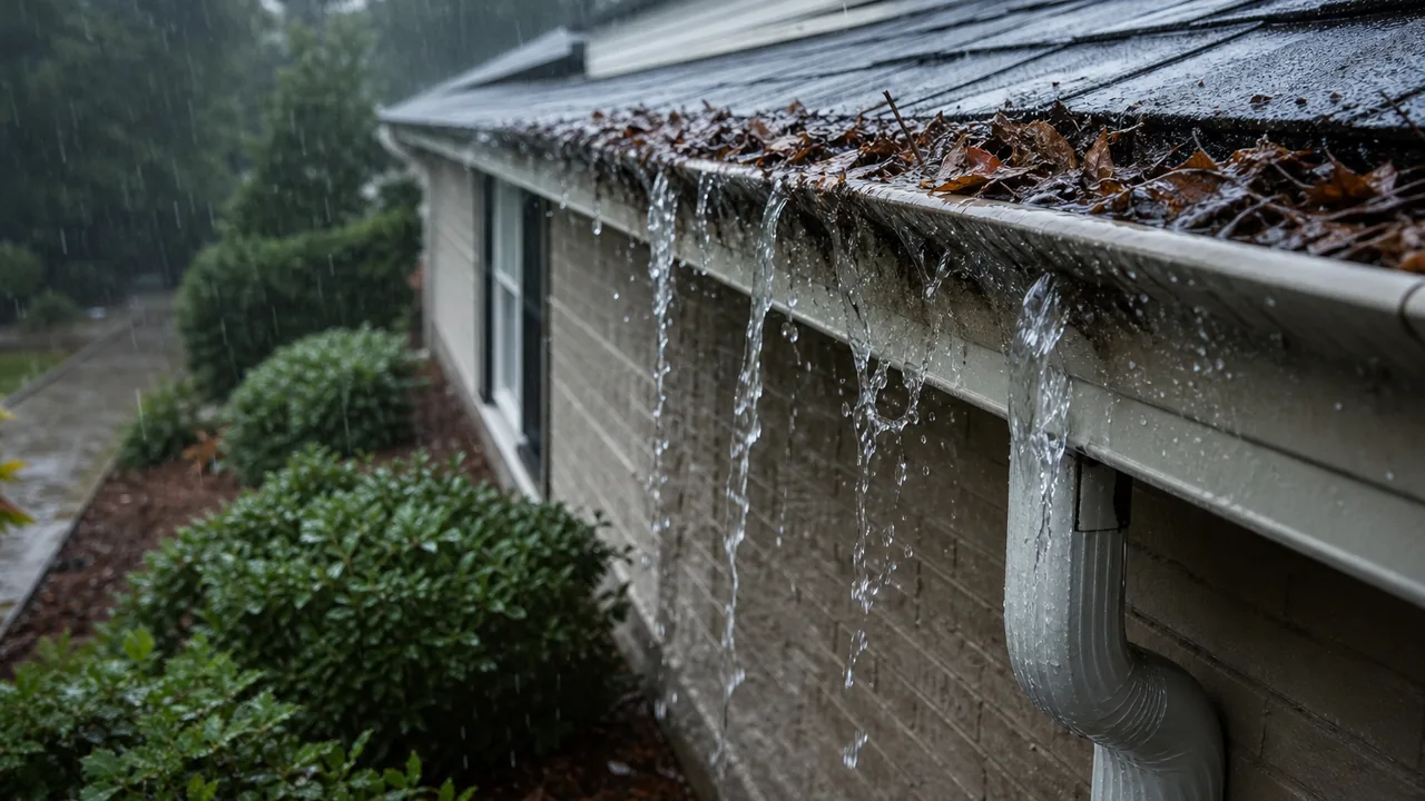 Water overflowing from a clogged gutter during heavy rain