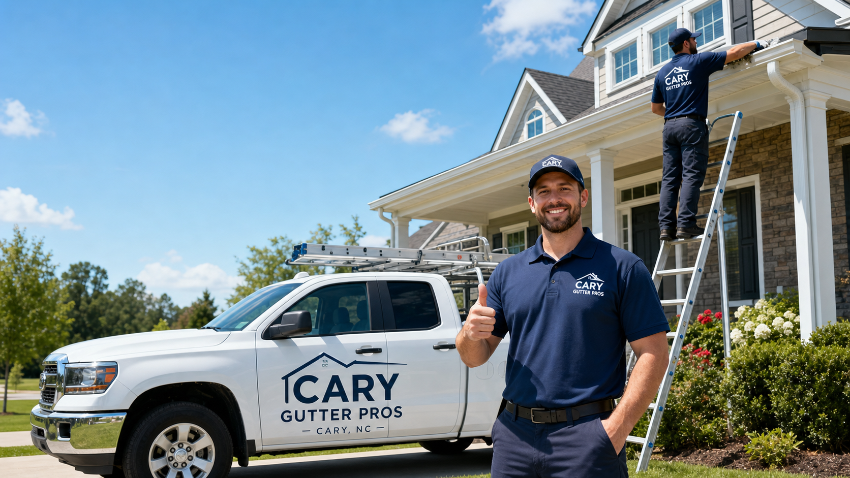 Professional Cary Gutter Pros technicians with a branded truck and clean uniforms in front of a Cary NC home