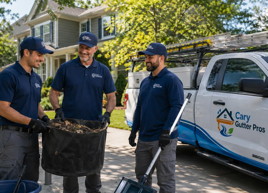 Professional gutter cleaning crew collecting removed debris