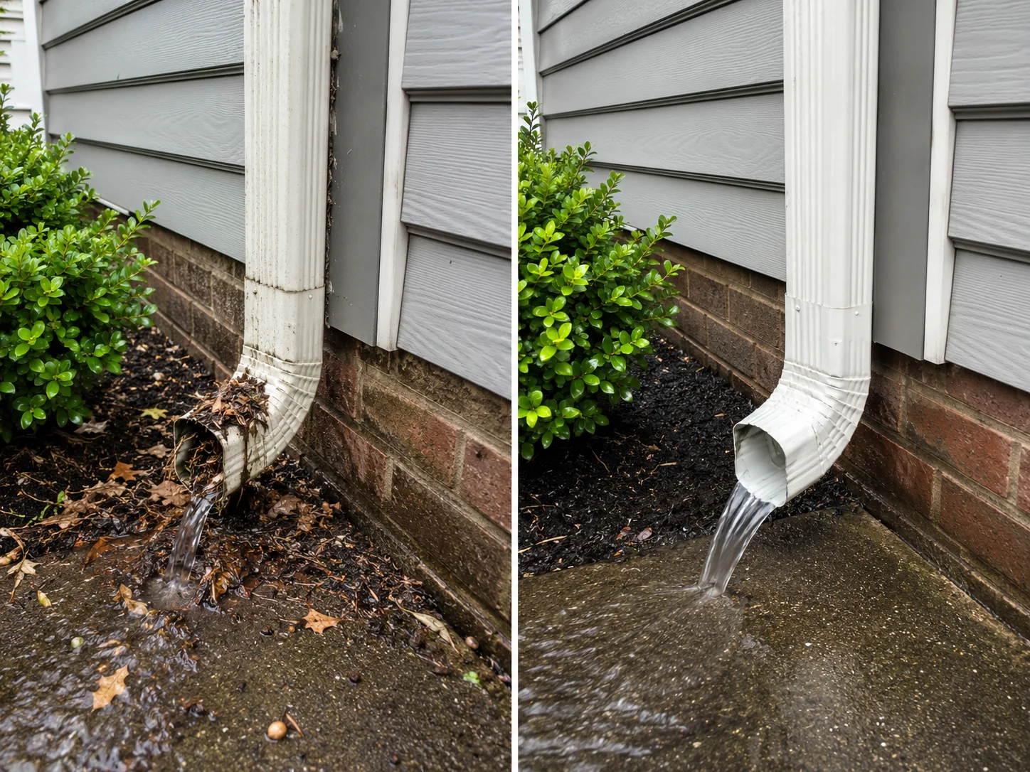 Technician checking water flow from a downspout beside a Cary home