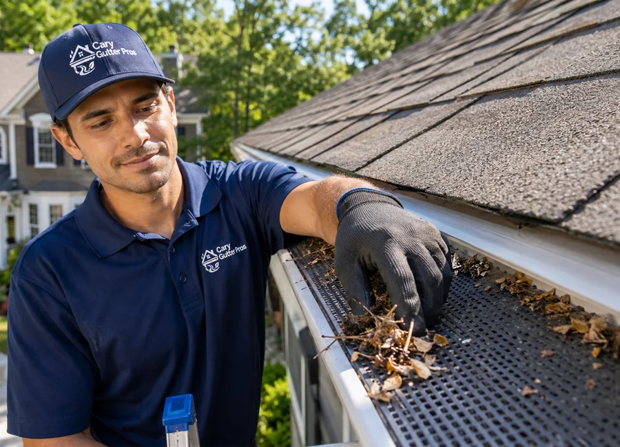Technician cleaning debris from gutter guards on a sunny day