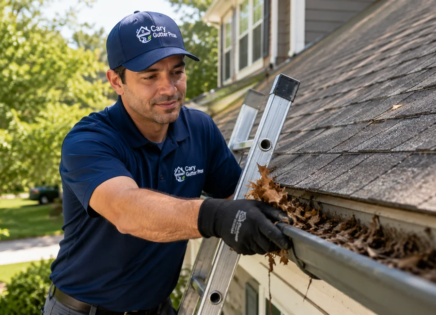 Cary Gutter Pros technician removing leaves from a residential gutter