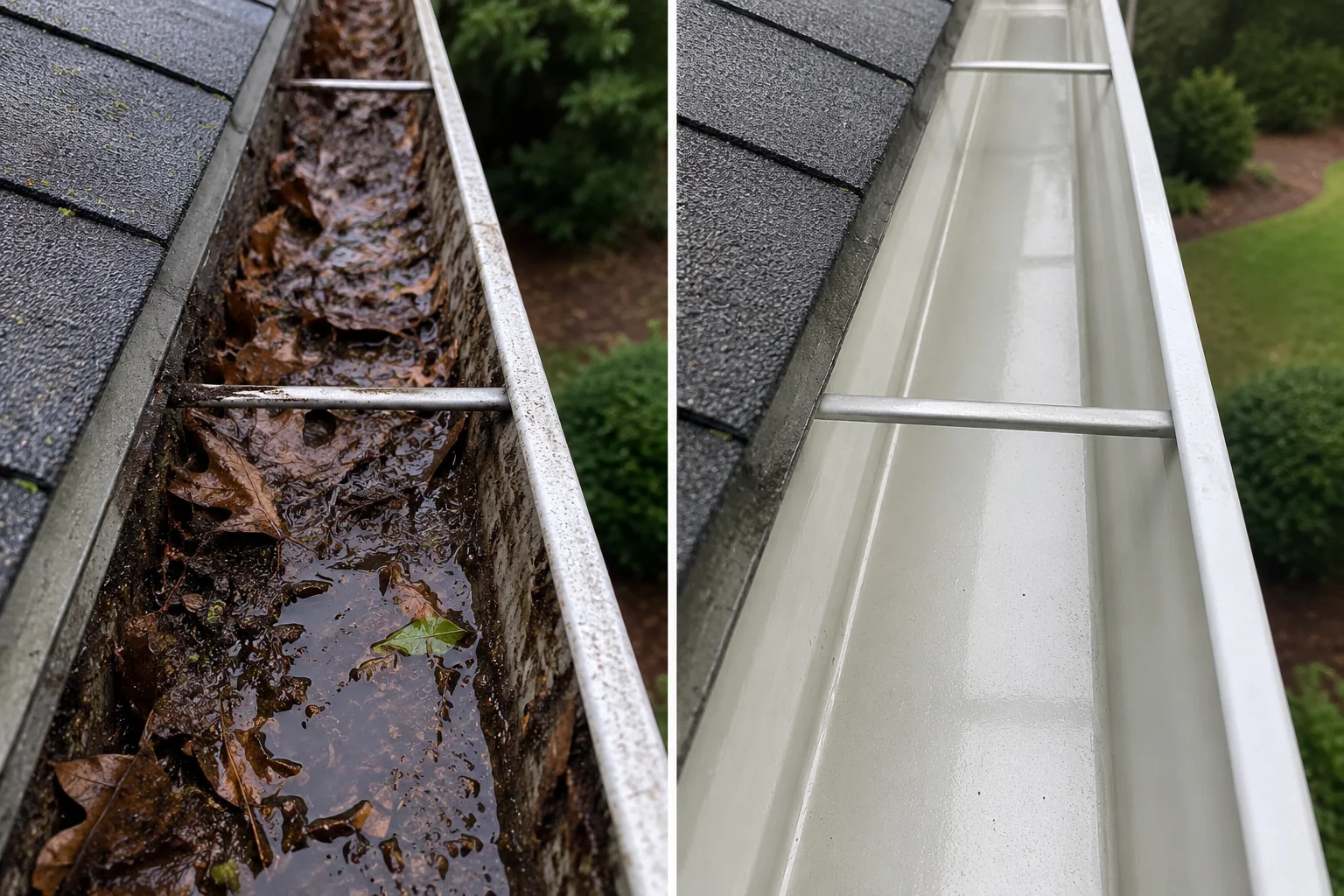 Before and after gutter channel cleaning — leaves removed and flow restored