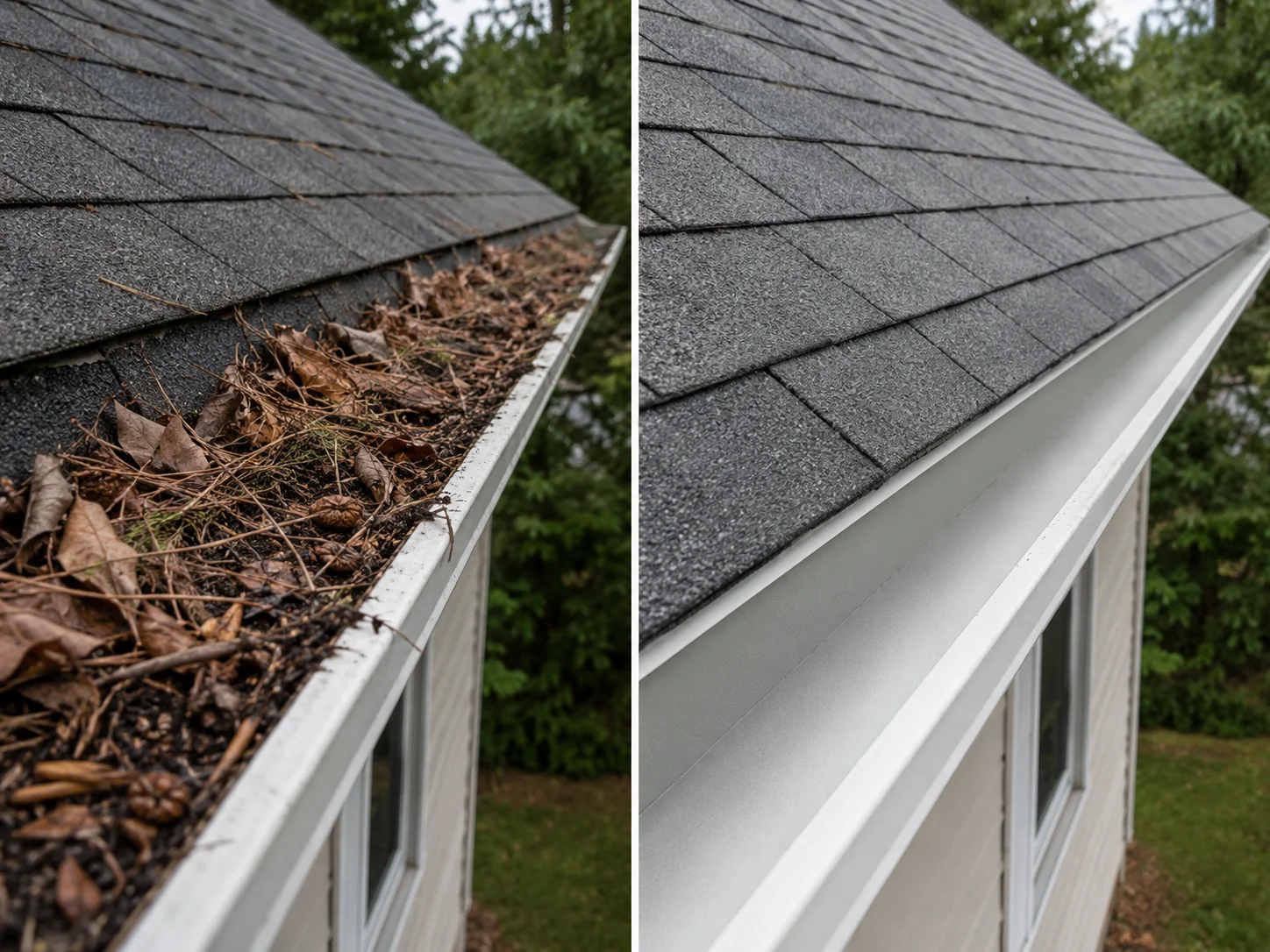 Before and after roof-edge debris removal — gutter guards and shingles cleared
