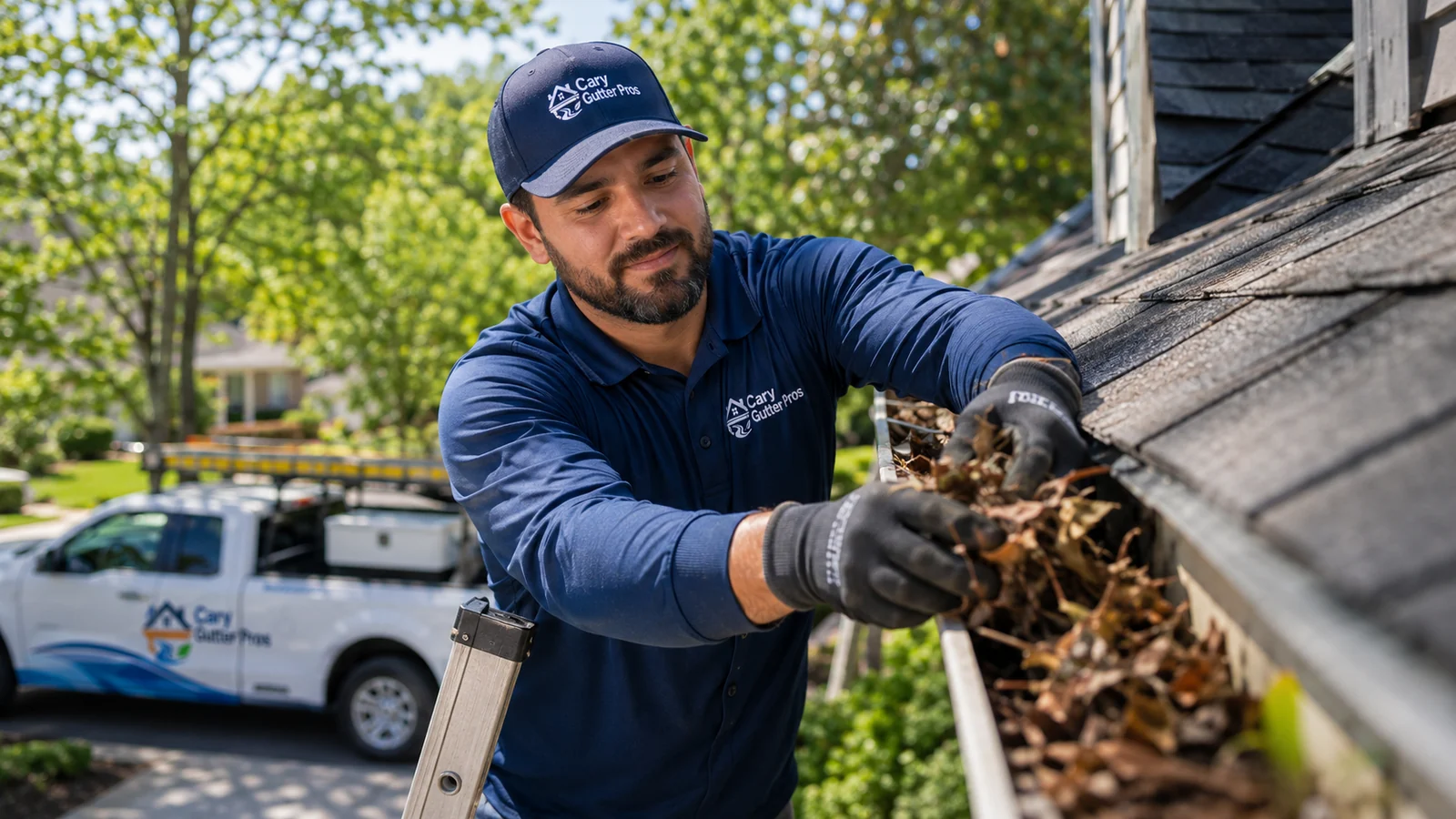 Professional Cary Gutter Pros technician cleaning leaves from a residential gutter